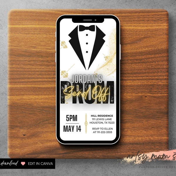 Prom Send-Off Gold Invitation | Editable Glitter Party Invite | Textable Prom Send Off | Black White and Gold Tuxedo Prom Digital Invite