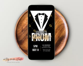 Gold Glitter Prom Send Off Invitation, Tuxedo Prom Party Invite, Elegant Black Tie Prom Night, Editable Canva Template, Mobile Version