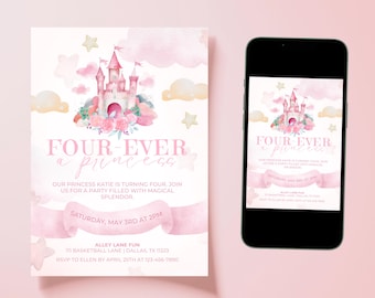 Editable Four ever a Princess 4th Birthday Invitation, Fourth Floral Princess Birthday Invite, Royal Magical Castle, Digital Download, Canva