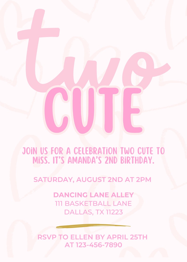 Pode incluir: Convite rosa com o texto "two cute" em uma fonte rosa. O convite &eacute; para uma festa de segundo anivers&aacute;rio. Inclui a data, a hora, o local e as informa&ccedil;&otilde;es de RSVP.