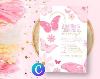 Pink Floral Butterfly Birthday Invitation | Editable Canva Template | 5x7 Digital Download Printable Girl Birthday Invite