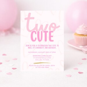 Dois convites fofos de aniversário | Convite rosa para menina de 2 anos | Aniversário de 2 anos de menina | Dois convites fofos | Tema de coração | Download digital Canva imagem 9