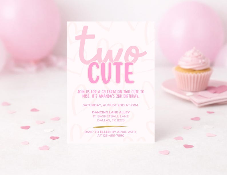 Dois convites fofos de aniversário | Convite rosa para menina de 2 anos | Aniversário de 2 anos de menina | Dois convites fofos | Tema de coração | Download digital Canva imagem 9