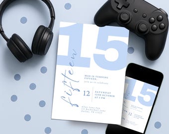 ライトブルーの15歳の誕生日招待状｜男の子の15歳の誕生日｜編集可能なCanvaテンプレート（5x7インチのデジタル招待状）