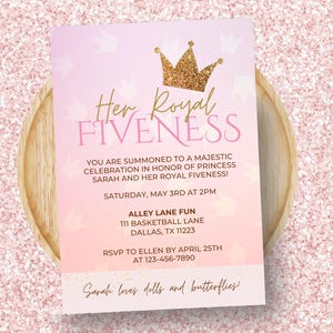 Prinzessin 5. Geburtstagseinladung | Ihre königliche Fünfheit bearbeitbare Canva Vorlage | Digital Girl Party Einladung 13x18