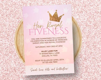 Princess 5th Birthday Invitation | Her Royal Fiveness Editable Canva Template | Digital Girl Party Invite 5x7