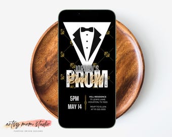 Prom Send-Off Gold Invitation | Editable Glitter Party Invite | Textable Prom Send Off | Black and Gold Tuxedo Prom Digital Invite | Canva