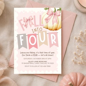 May include: A rectangular invitation card featuring a light pink background with a scalloped border. The text reads Fall Into Four with a light yellow pumpkin adorned with a pink bow. Below, a banner displays the word FOUR in white letters.