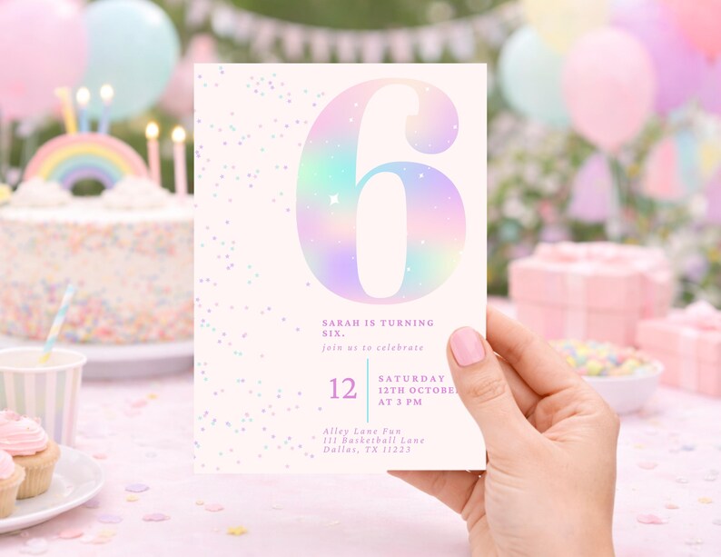 Editable Pink Glitter 6th Birthday Invitation | Sixth Birthday Girl | Rainbow Party Invite | Digital Download | Canva Template | 5x7 image 10