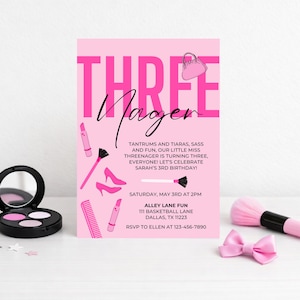 Little Miss Threenager Makeup Birthday Invitation | Third Girl Birthday | 3rd Makeup Birthday | 5x7 Digital Download | Canva Template