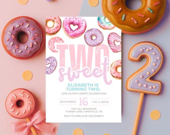 Two Sweet Donut Birthday Invitation | Second Birthday Girl Invite | 2nd Birthday Girl Evite | Editable Template | Digital Download | Canva