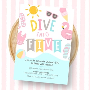 Editable 5th Birthday Pool Party Invitation Girl, Pastel Splish Splash Summer Invite, Dive into Five Birthday Template, Instant Download