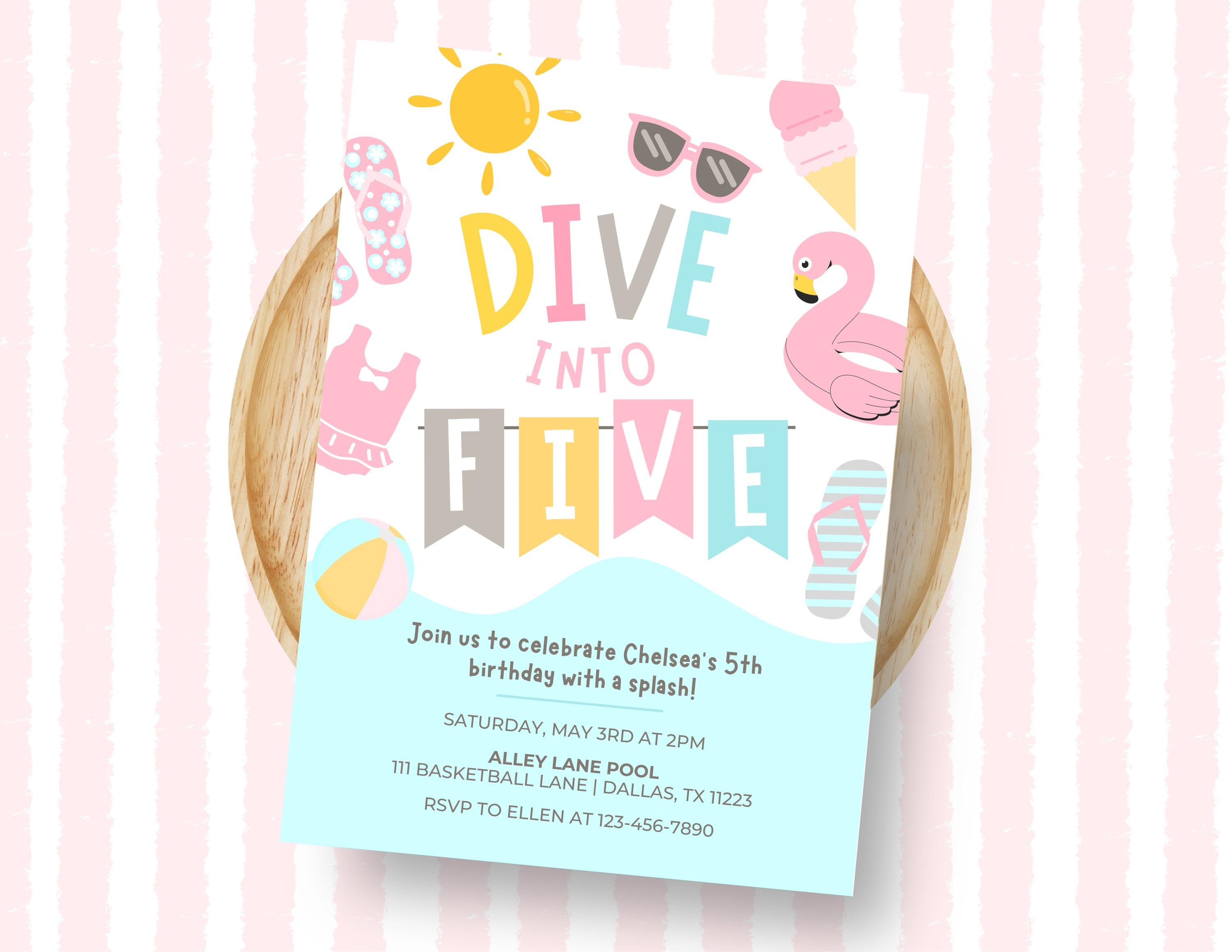 Editable 5th Birthday Pool Party Invitation Girl, Pastel Splish Splash Summer Invite, Dive into Five Birthday Template, Instant Download