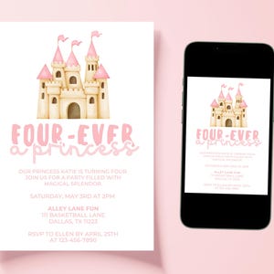 Editable Castle 4th Birthday Invitation | Pink Princess Party Invite Template, Girl Birthday Celebration, Digital Download Canva