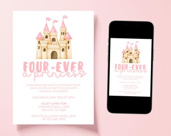 Editable Castle 4th Birthday Invitation | Pink Princess Party Invite Template, Girl Birthday Celebration, Digital Download Canva