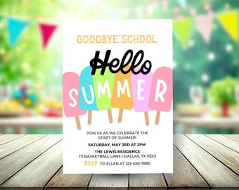 Invitación a fiesta de verano con paletas de helado de arcoíris, invitación de fin de curso, invitación a fiesta del último día de clases, fiesta de verano para niños, plantilla de Canva