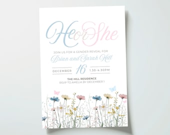 Floral Gender Reveal Invitation | He or She Baby Shower Invite | Editable Gender Reveal Evite | Digital Download Canva Template 5x7