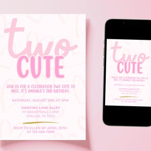 Dois convites fofos de aniversário | Convite rosa para menina de 2 anos | Aniversário de 2 anos de menina | Dois convites fofos | Tema de coração | Download digital Canva imagem 3