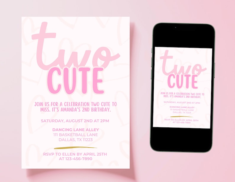 Dois convites fofos de aniversário | Convite rosa para menina de 2 anos | Aniversário de 2 anos de menina | Dois convites fofos | Tema de coração | Download digital Canva imagem 3
