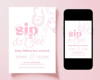 Invitación editable rosa para presentación de bebé / Conoce y saluda a una niña / Descarga digital de 5x7 pulgadas / Plantilla de Canva para texto, correo electrónico o impresión.