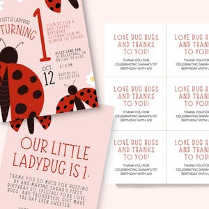 Ladybug Birthday Party Invitation Template Set, Printable Girl First Birthday Invite, Ladybug Turning One, Editable Instant Download, Canva