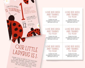 Ladybug First Birthday Invitation Set: Garden Theme (Editable Canva Template)