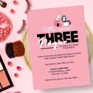 Little Miss Threenager Birthday Invitation: Pink Makeup Theme (Canva Template - Digital Download)