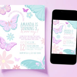 Editable Butterfly Birthday Invitation | Pastel Birthday Party Invite Template, Girl Birthday Celebration, Digital Download Canva | 5x7