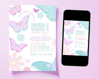 Editable Butterfly Birthday Invitation | Pastel Birthday Party Invite Template, Girl Birthday Celebration, Digital Download Canva | 5x7
