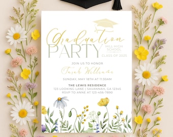 Invitación de graduación con flores silvestres amarillas / Invitación floral editable para fiesta de graduación / Plantilla digital para fiesta de graduación / Descarga instantánea imprimible