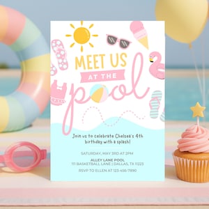 Invitación de cumpleaños editable para fiesta en la piscina / Invitación de cumpleaños de verano para niña, cualquier edad, temática de fiesta en la piscina en tonos pastel, plantilla de descarga digital
