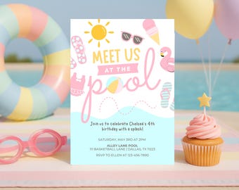 Editable Pool Party Birthday Invitation | Summer Birthday Invite Girl, Any Age, Pastel Pool Party Theme, Digital Download Template