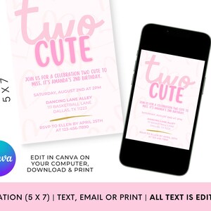 Dois convites fofos de aniversário | Convite rosa para menina de 2 anos | Aniversário de 2 anos de menina | Dois convites fofos | Tema de coração | Download digital Canva imagem 4