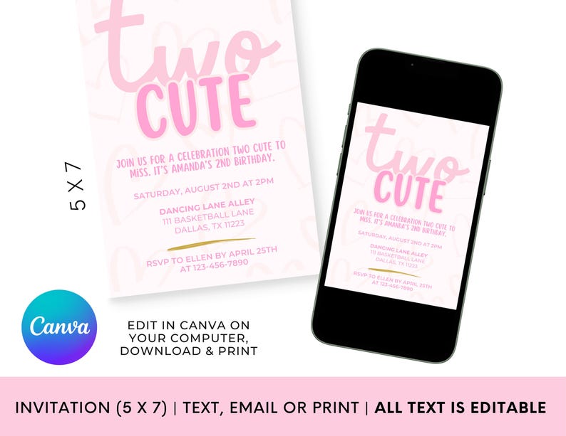 Dois convites fofos de aniversário | Convite rosa para menina de 2 anos | Aniversário de 2 anos de menina | Dois convites fofos | Tema de coração | Download digital Canva imagem 4