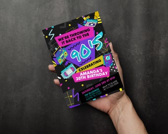 90s Party Birthday Invitation, Editable Throwing it Back to the 90s Invite, Throwback Party, House Party, Digital Evite, Canva Template