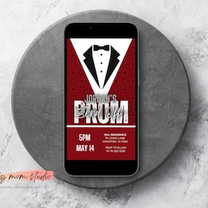 Red & Black Prom Send Off Invitation, Tuxedo Prom Party Invite, Elegant Pre-Prom Celebration, Editable Canva Digital Invite 1080x1920