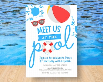 Invitación de cumpleaños playera editable / Invitación de cumpleaños para niño en la piscina / Fiesta en la piscina con chapuzones / Descarga digital / Plantilla Canva de 5x7