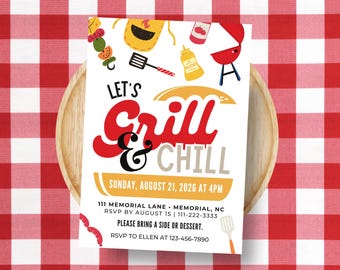 Grillin' & Chillin' BBQ Invitation, Summer Cookout Party Invite, Backyard Barbecue Invitation, Editable Canva Template, Digital Download