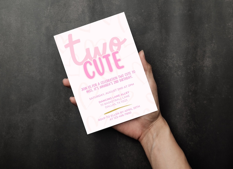 Dois convites fofos de aniversário | Convite rosa para menina de 2 anos | Aniversário de 2 anos de menina | Dois convites fofos | Tema de coração | Download digital Canva imagem 11