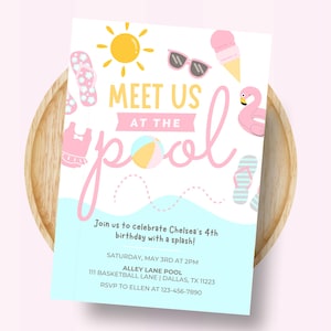 Digital Pool Party Birthday Invitation for Kids, Pastel Girl Pool Birthday Party, Digital Summer Invite, Instant Download, Editable in Canva