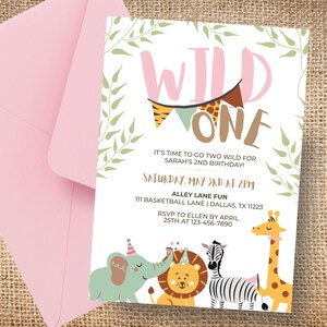 Wild One Birthday Invitation Girl, Editable Pink Safari First Birthday Invite, Jungle Animal 1st Birthday Template, Instant Download, 5x7