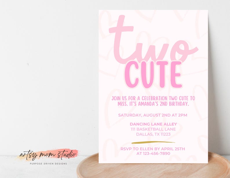 Dois convites fofos de aniversário | Convite rosa para menina de 2 anos | Aniversário de 2 anos de menina | Dois convites fofos | Tema de coração | Download digital Canva imagem 2
