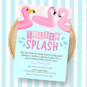 Flamingo Birthday Invitation, Splish Splash Pool Party Invite, Girl Summer Pool Party, Editable Flamingo Invite, Instant Download Template