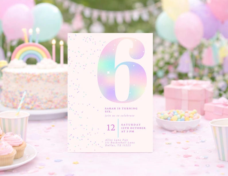 Editable Pink Glitter 6th Birthday Invitation | Sixth Birthday Girl | Rainbow Party Invite | Digital Download | Canva Template | 5x7 image 1