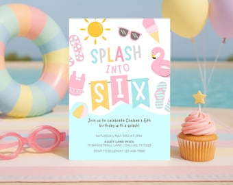 Pool Party 6th Birthday Invitation | Splash Into Six Pool Party Invite | Pastel Summer Birthday | Editable Canva Template | Digital Download