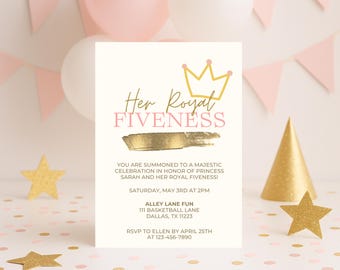 Princess 5th Birthday Invitation | Her Royal Fiveness Editable Canva Template | Digital Girl Party Invite 5x7
