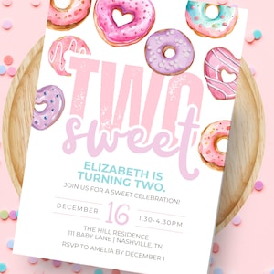 Editable Two Sweet Birthday Invitation, 2nd Birthday Girl Invite, Second Birthday Donut Theme, Two Sweet Digital Invite, Instant Download