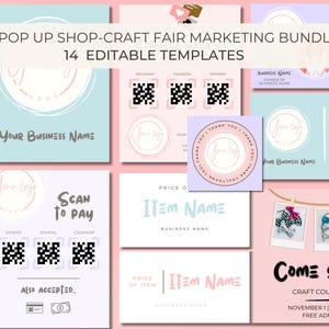 Bewerkbare ambachtsbeurs en pop-upmarketingbundel, 14 sjablonen (borden, kaarten, enz.), borden voor verkopers, pop-upwinkels, beurzen, pastelkleuren | Canvas