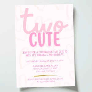 Dois convites fofos de aniversário | Convite rosa para menina de 2 anos | Aniversário de 2 anos de menina | Dois convites fofos | Tema de coração | Download digital Canva imagem 8