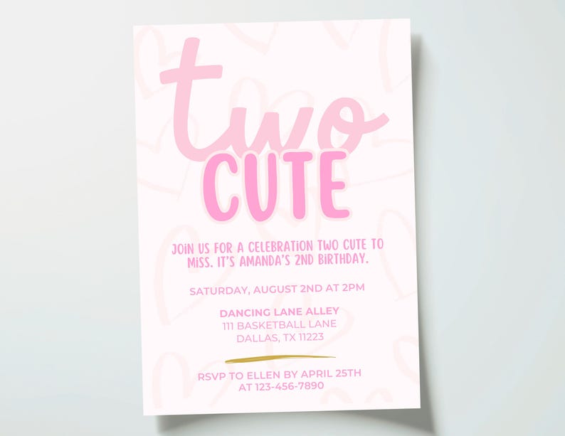 Dois convites fofos de aniversário | Convite rosa para menina de 2 anos | Aniversário de 2 anos de menina | Dois convites fofos | Tema de coração | Download digital Canva imagem 8